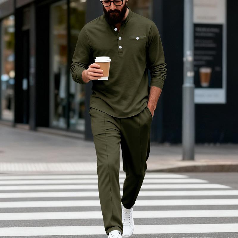 

Spring And Autumn Style Small Twill Round Neck Loose Simple Commuting Casual Henley Shirt Long Sleeve Long Pants Set For Men 3XL
