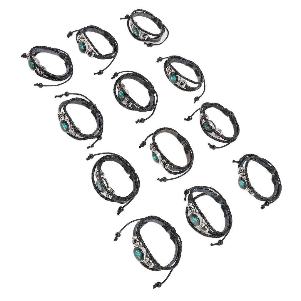 12pcs Zodiac Bracelet Multilayer Woven PU Leather Bracelet Decorative Lightweight Cuff Braided