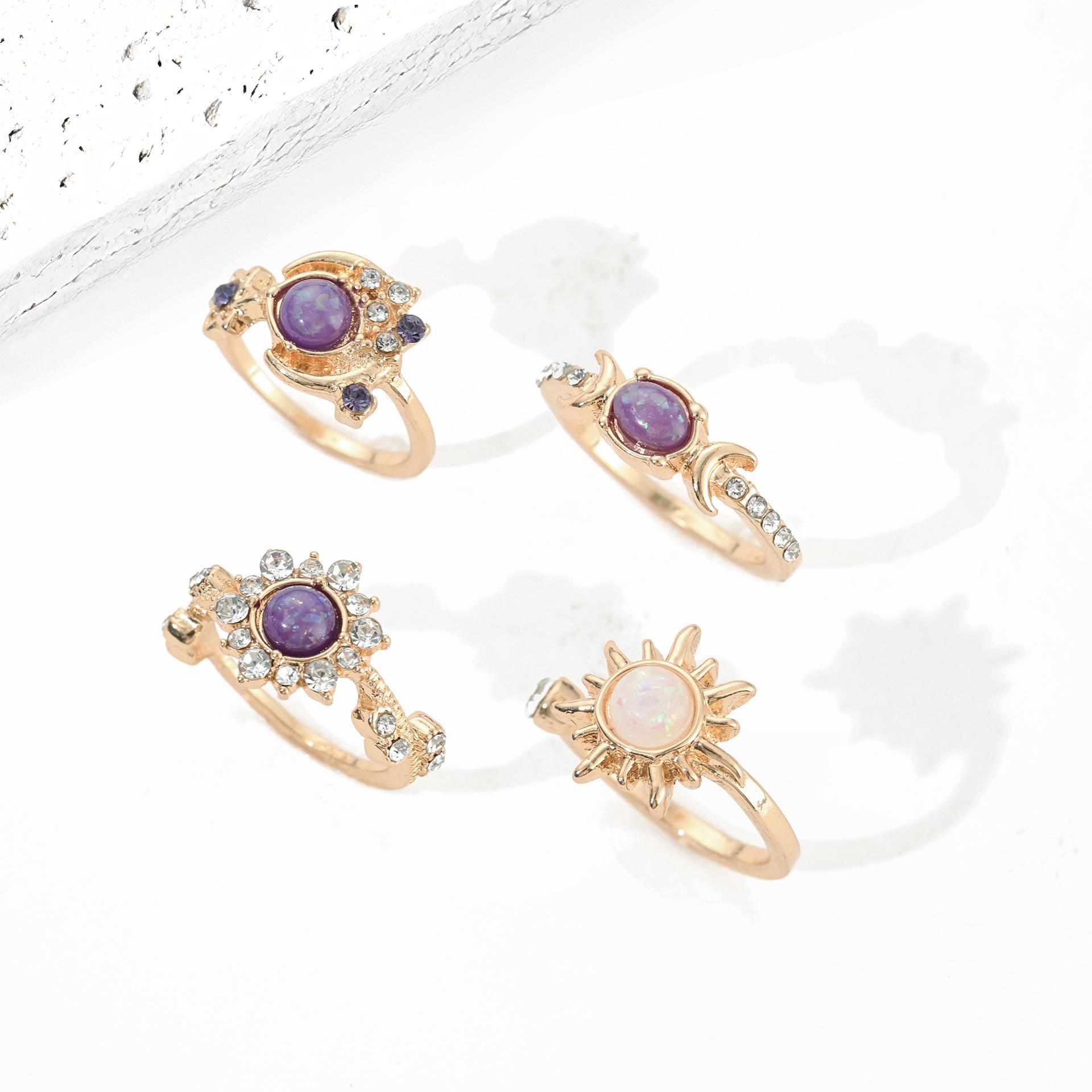 European and American fashion ins gemstone ring, sun and moon diamond-set light luxury high-end geometric ring set for women