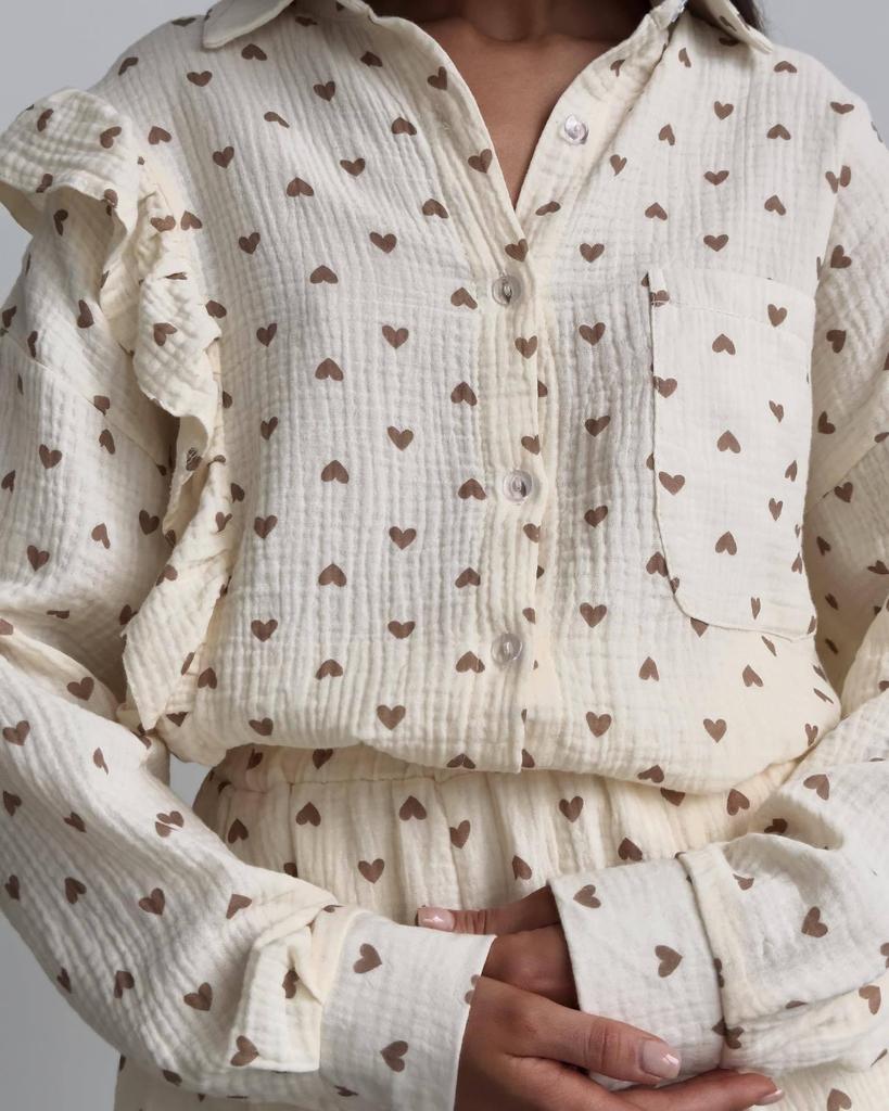 Fashion Ruffle Heart Cotton Linen Homewear Set
