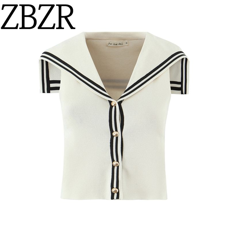 Zbzr Spring New Women clothes Western Style Fashion Temperament Versatile Sailor Collar Contrast Color Sleeveless Knit vest Top