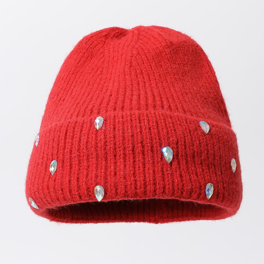 Knitted Hat Solid Color Versatile Thermal Elastic Pullover Hat Rhinestone Cold-Proof Hat