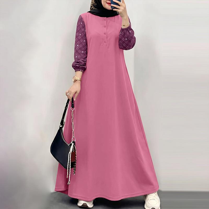 ZANZEA Women Muslim Casual Round Neck Splice Long Sleeve Loose Dress M