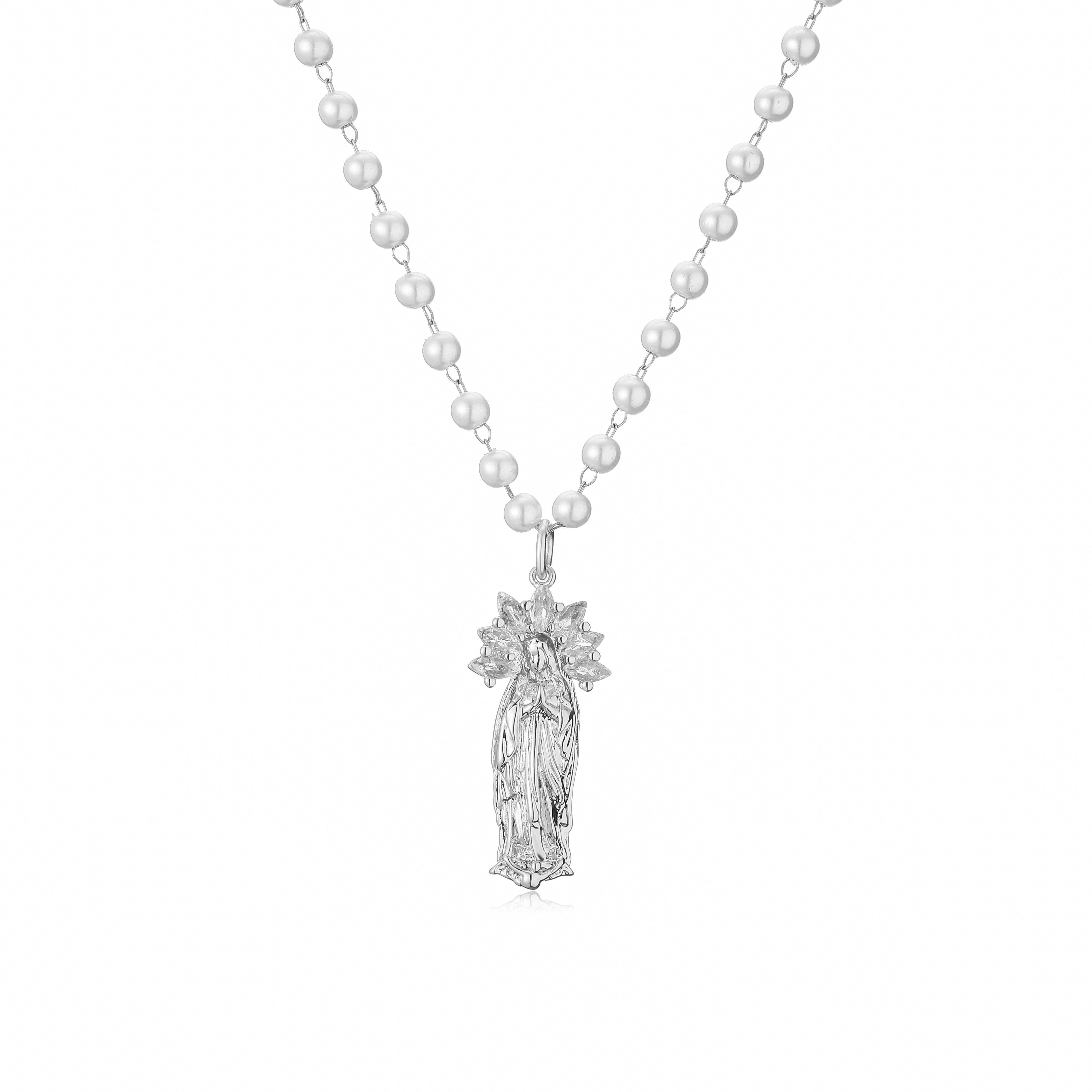 

HECHENG, Stainless Steel Chain Virgin Mary Pendant Pearls Beads Necklaces For Women Christian Zircon Women Choker 45cm