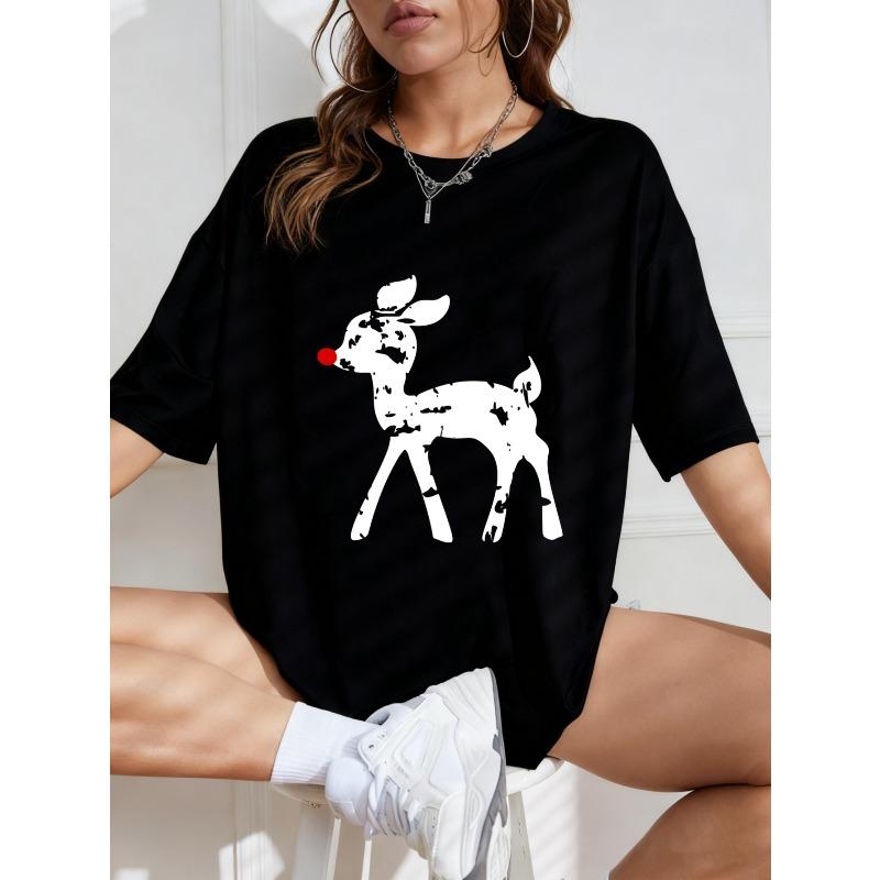 White T Shirt With Reindeer Print For Casual Wear