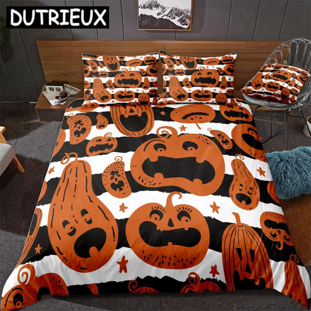 Halloween Pumpki Duvet Cover Set Black And White Background Halloween Beds Set Home Textiles Microfiber For Boys Kids