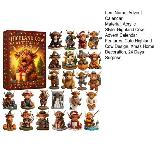 Highlandská kráva Adventní kalendář 2025 Roztomilé ozdoby highlandské krávy 24 dní Vánoční adventní kalendář pro dekoraci vánočního stromku