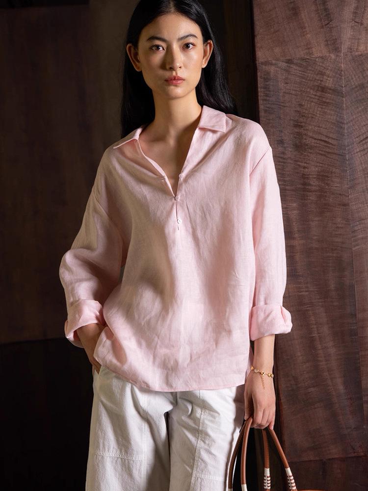 Si Yuan Design V-Neck Button-Down Linen Shirt - Women s Loose Relaxed Fit, New Style 2026. Large розовый/оранжевый