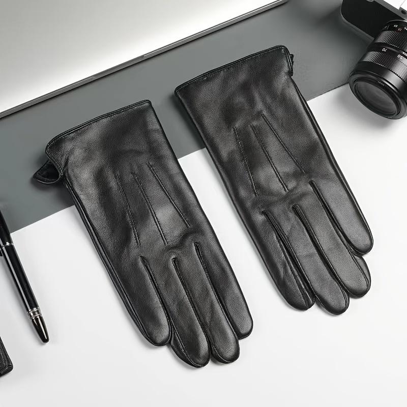 1 Pair Warm Lined Mens Black Leather Gloves with Cool Design for Winter, Men, Ideal Choice for Gifts