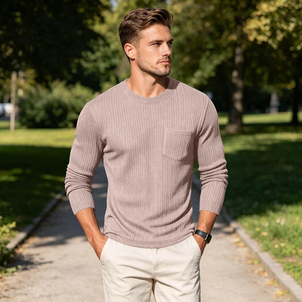 Men's Round Neck Casual Color Knit Base Layer Shirt with Pocket for Everyday Layering