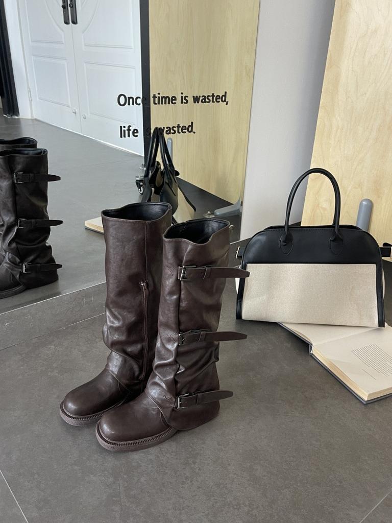 2025 niche retro thick heel mid-height boots western cowboy pile boots early autumn martin boots French knight boots