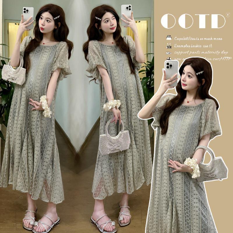 Women s French Puff Sleeve Lace Maternity Dress - Summer 2026 Fishtail Style Large