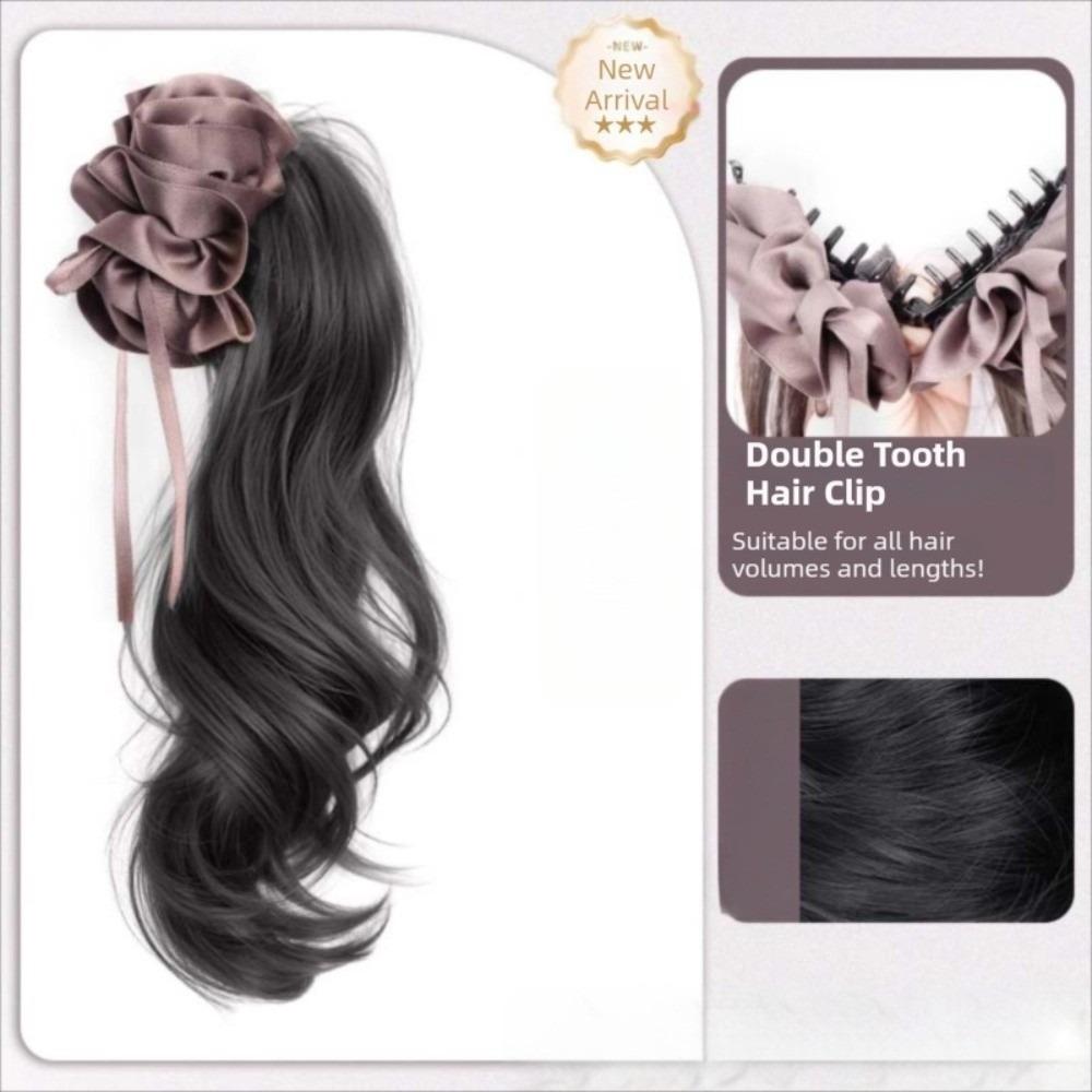 Synthetic Ribbon Banana Clip Ponytail Pleated Bow Pony Tail Hair piece  for Women