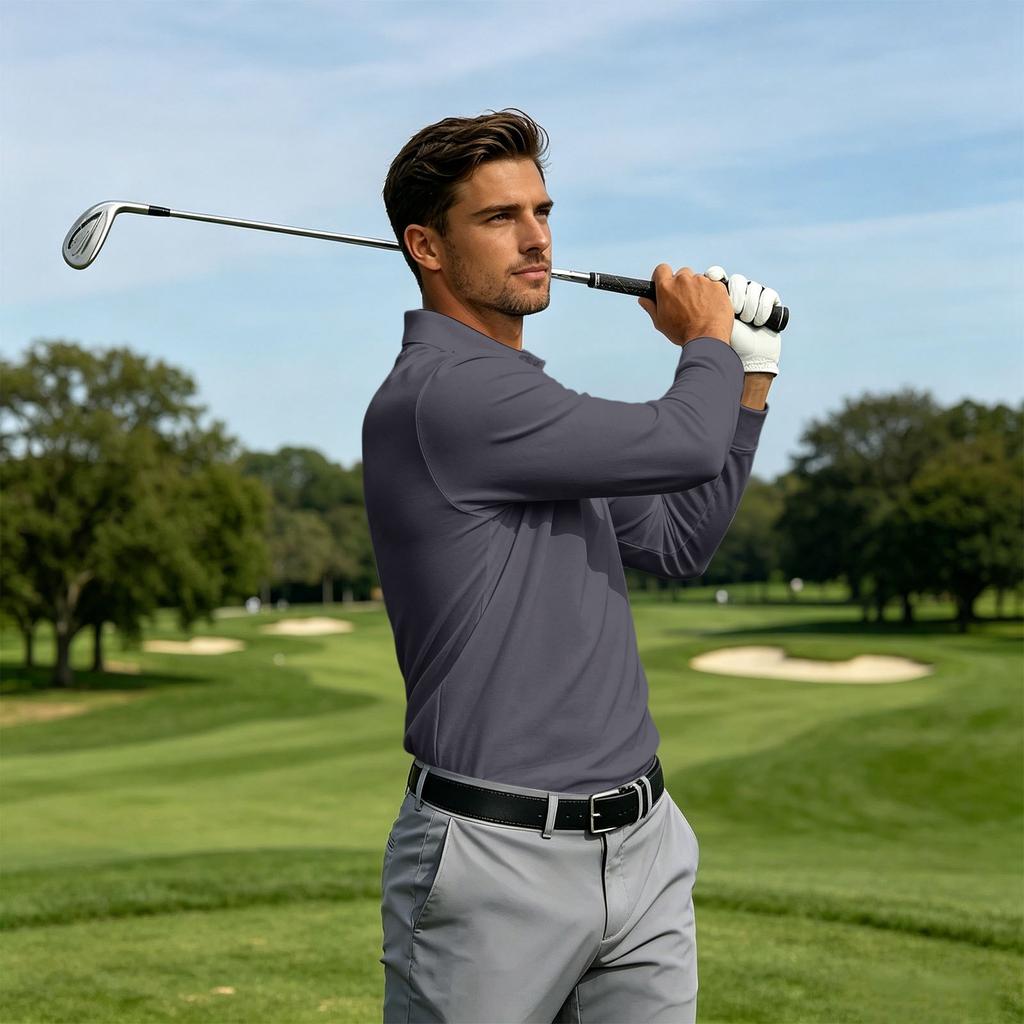 Men's Quick Dry Breathable Golf Polo Shirt Long Sleeve Button Collar Athletic Casual Shirt Sportswear