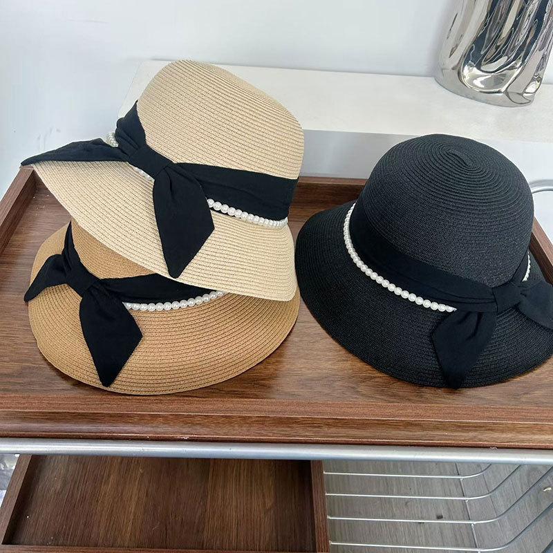 Small Fresh Pearl Bow Dome Sunscreen Straw Hat Basin Hat Bucket Hat Women's Straw Woven Travel Straw Hat