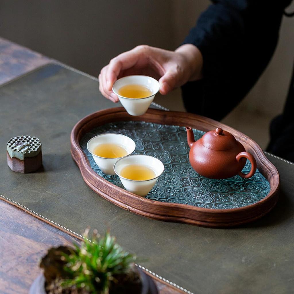 IwaiLoft [Chinoiserie Retro] Floral Glass Tray, Cloud-Shaped, Oval, Floral Design, 29cm35cm, Transparent, Glass Plate, Wooden, Cafe Tray, Tea Tray,