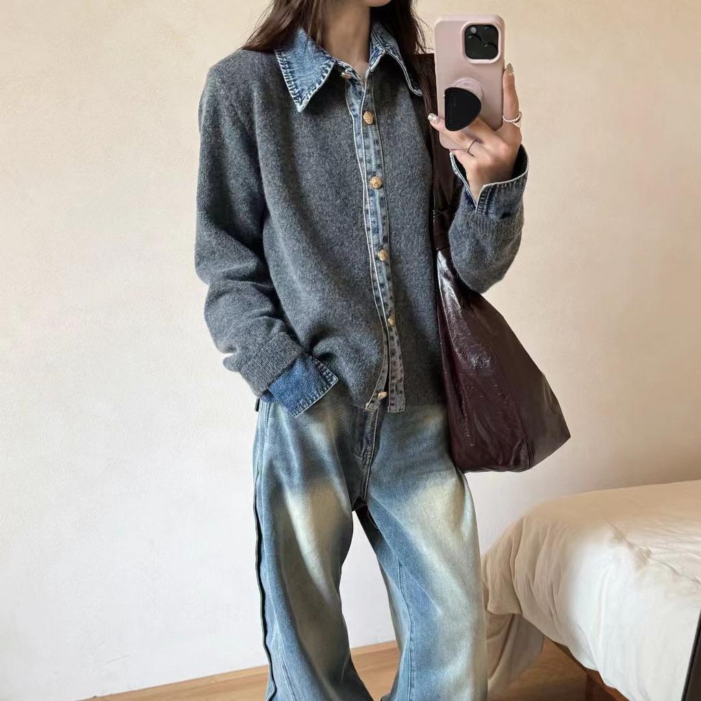 Japan and Korea splicing denim design sense knitted cardigan 1011 autumn and winter new loose casual sweater jacket women's clothing