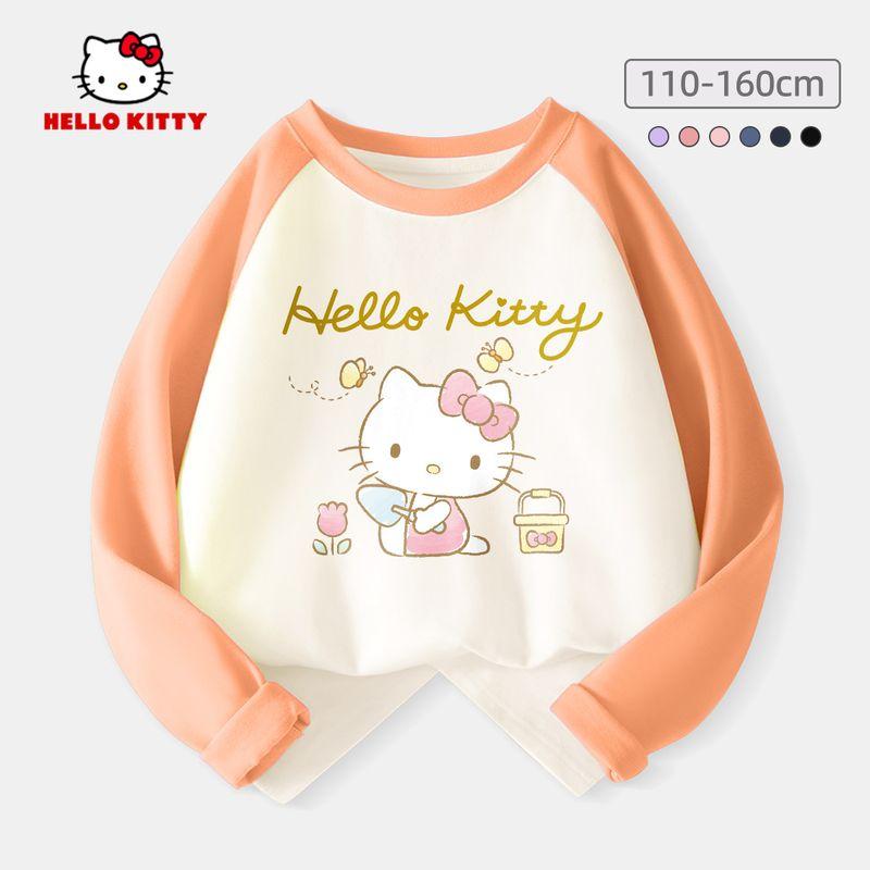 Hello Kitty Girls' Base Layer Shirt Spring 2024 New Children's Long-Sleeved T-Shirt Black Fashionable Stylish Top