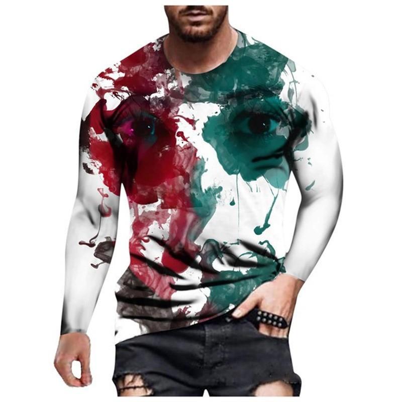 Round Neck 3D Graffiti Printed Top Casual Long Sleeved Men's T-shirts - Soft Medium Stretch Polyester Fabric Spring and Autumn Relaxed Fit Clothing