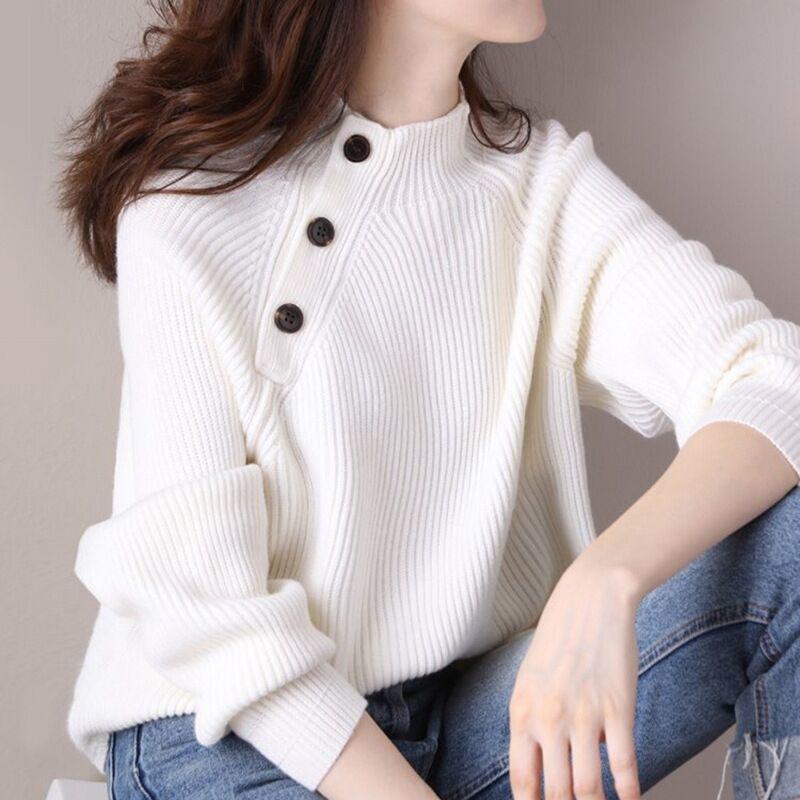 Women Loose Button Solid Color Half High Collar Sweater Korean Temperament Knitted Sweater Women's Tops Bottoming Sweater Sweater Autumn and Winter