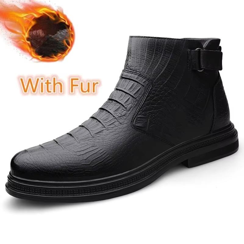 Fashion Crocodile Pattern Male Botas Genuine Leather Mens Winter Shoes New Warm Plush Fur Basic Boots Luxury Comfortable Chelsea Boots