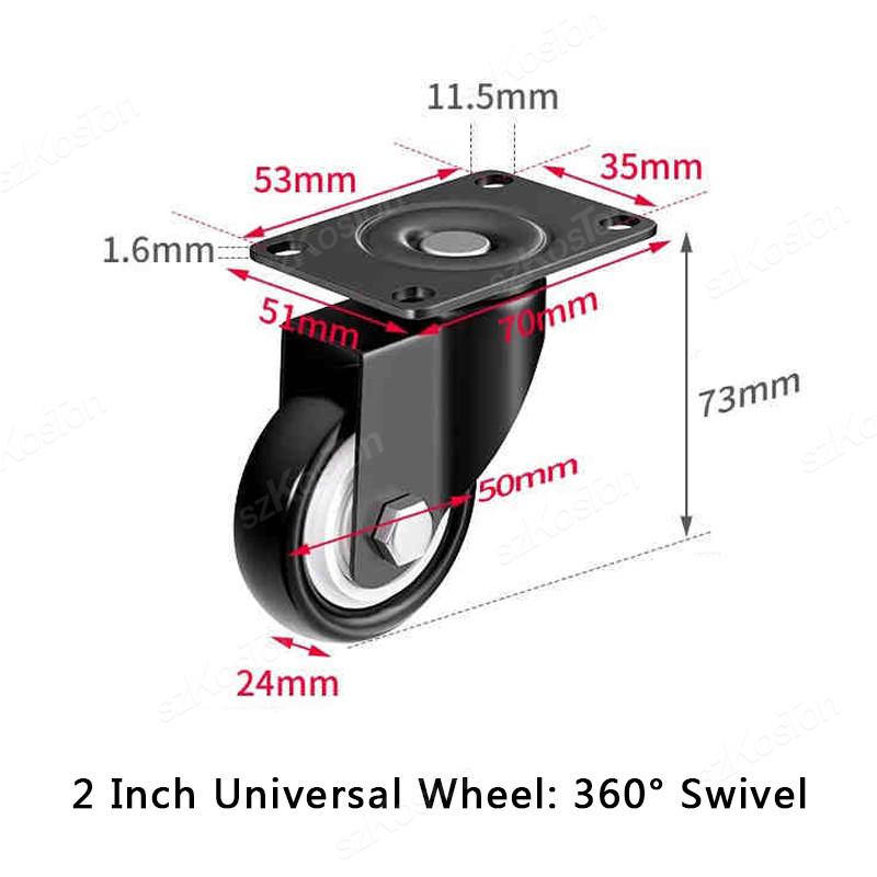 2pcs 1.5 inch 2inch Heavy Duty Black Swivel Castor Wheels Trolley Furniture Caster PP Material Flat Brake Gold Drill Caster