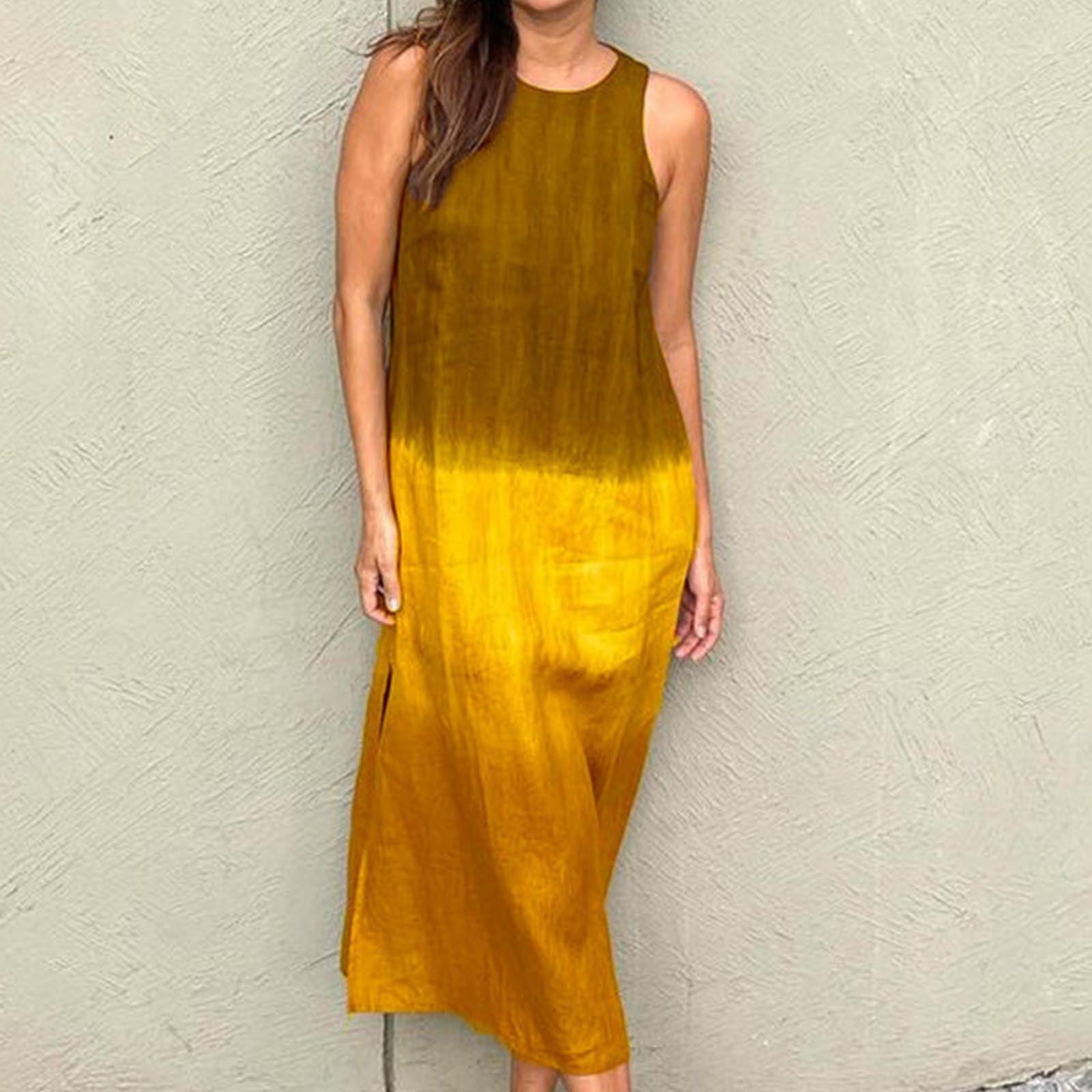 

Женское градиентное платье-майка без рукавов с разрезом подол, свободный крой, летние летние струящиеся повседневные пляжные платья с круглым вырезом с круглым вырезом XL жёлтый
