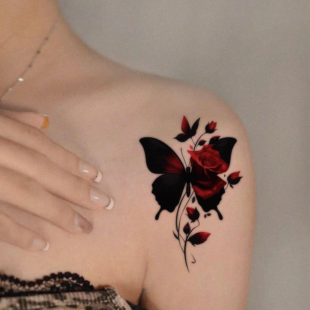 Dark Butterfly Rose Tattoo Sticker Waterproof Sweatproof Premium Flower Painted Sticker