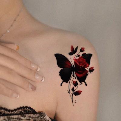 Dark Butterfly Rose Tattoo Sticker Waterproof Sweatproof Premium Flower Painted Sticker