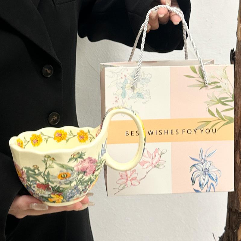 Flowering Song Handle Cup Retro Ceramic Mug Breakfast Oat Cup Afternoon Tea Coffee Cup Souvenir Birthday Gift