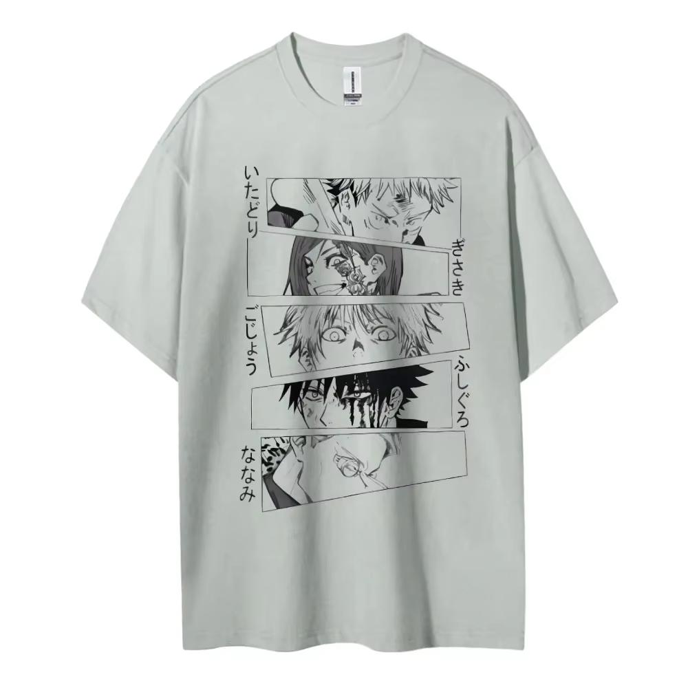 Anime Characters Collage Print Cotton T Shirt 2026 Summer Unisexs Casual Streetwear Loose Fit Japanese Style Black and White