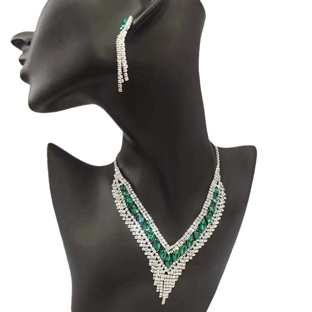 Luxury Geometric Rhinestone Tassel Necklace & Stud Earrings Set for Women