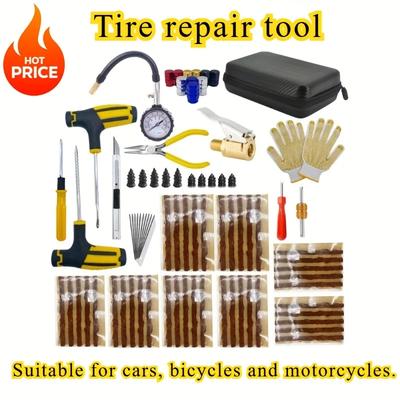Multipurpose Tire Repair Kit with Rubber Strips Tools Pliers Pressure Gauge for Car, Bike, Motorcycle. Handles Most Tire Damage