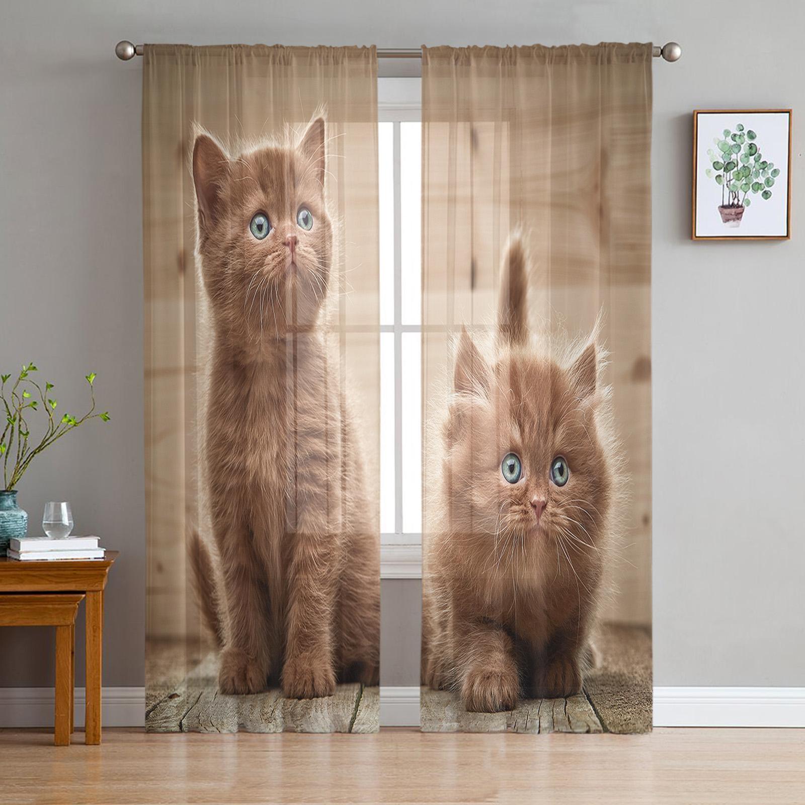 Tule Gordijnen voor Woonkamer Kat Zwart Schattig Eenvoudig Slaapkamer Studiekamer Raam Transparante Gordijnen Keuken Balkon Interieur Voile Gordijnen 135W x 114H(cm)