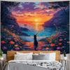 Sunset Seaside Black Cat Oil Painting Tapestry, Colorful Floral Coast Scenery Print Wall Cloth, Warm Aesthetic Decor For Bedroom