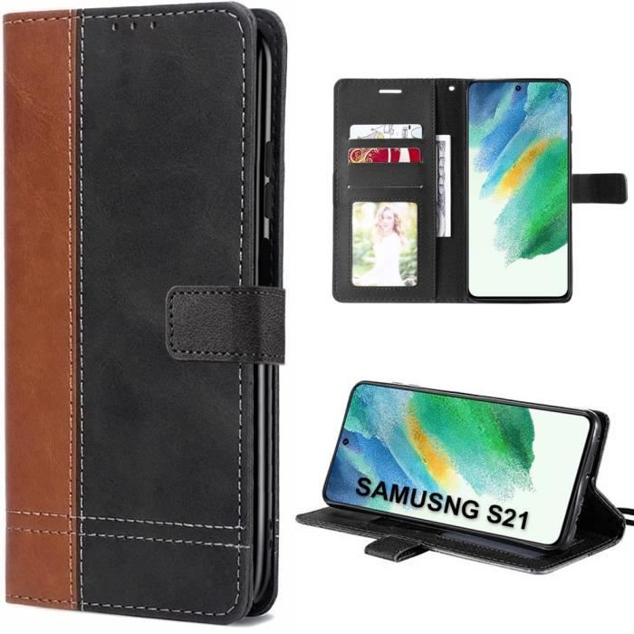 Coque pour samsung galaxy s21 fe - effet cuir marron antichoc avec rangement carte