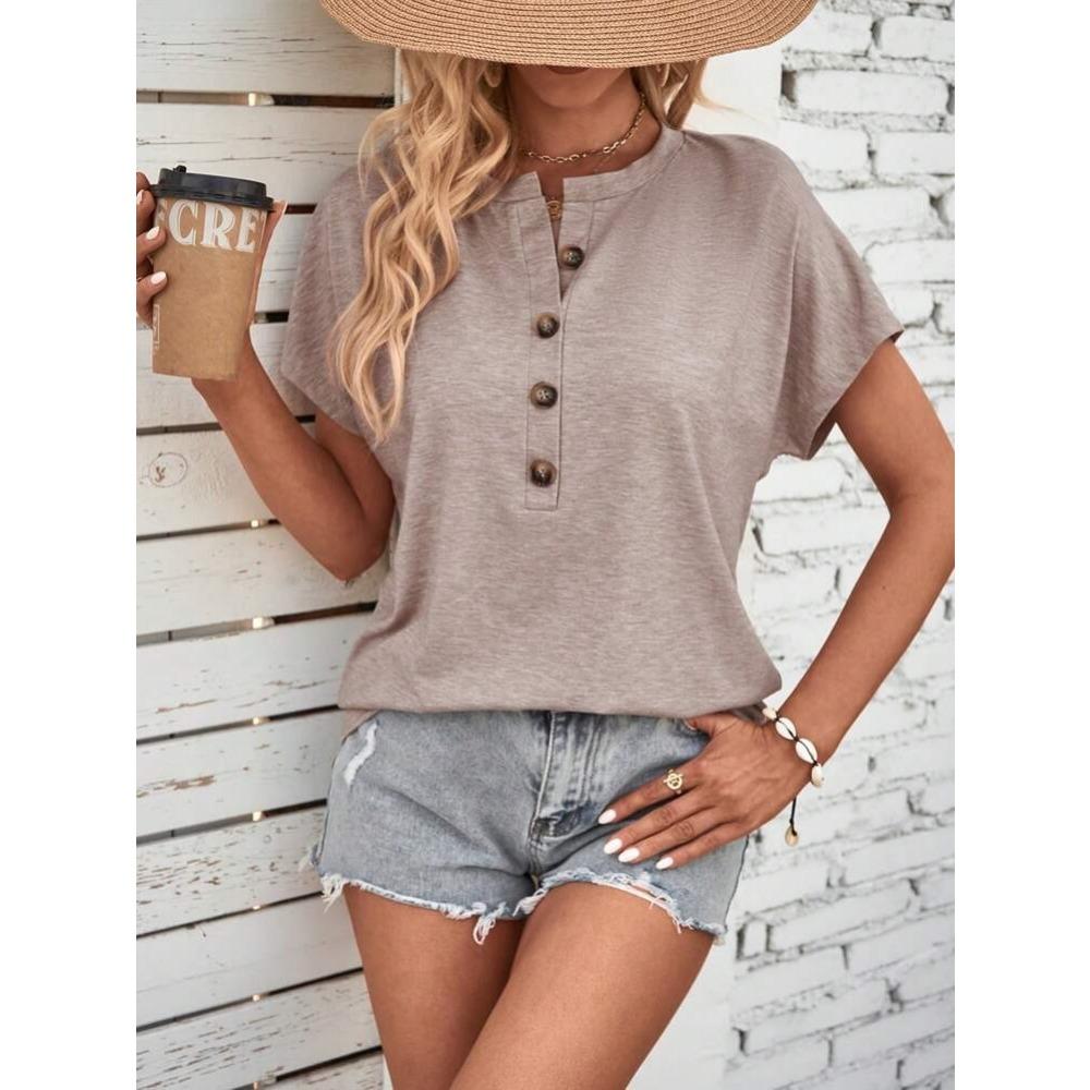 IHUASU Spring and Summer Women's Blouse Solid Color Twist Button Fashion Short-sleeved T-shirt Woman