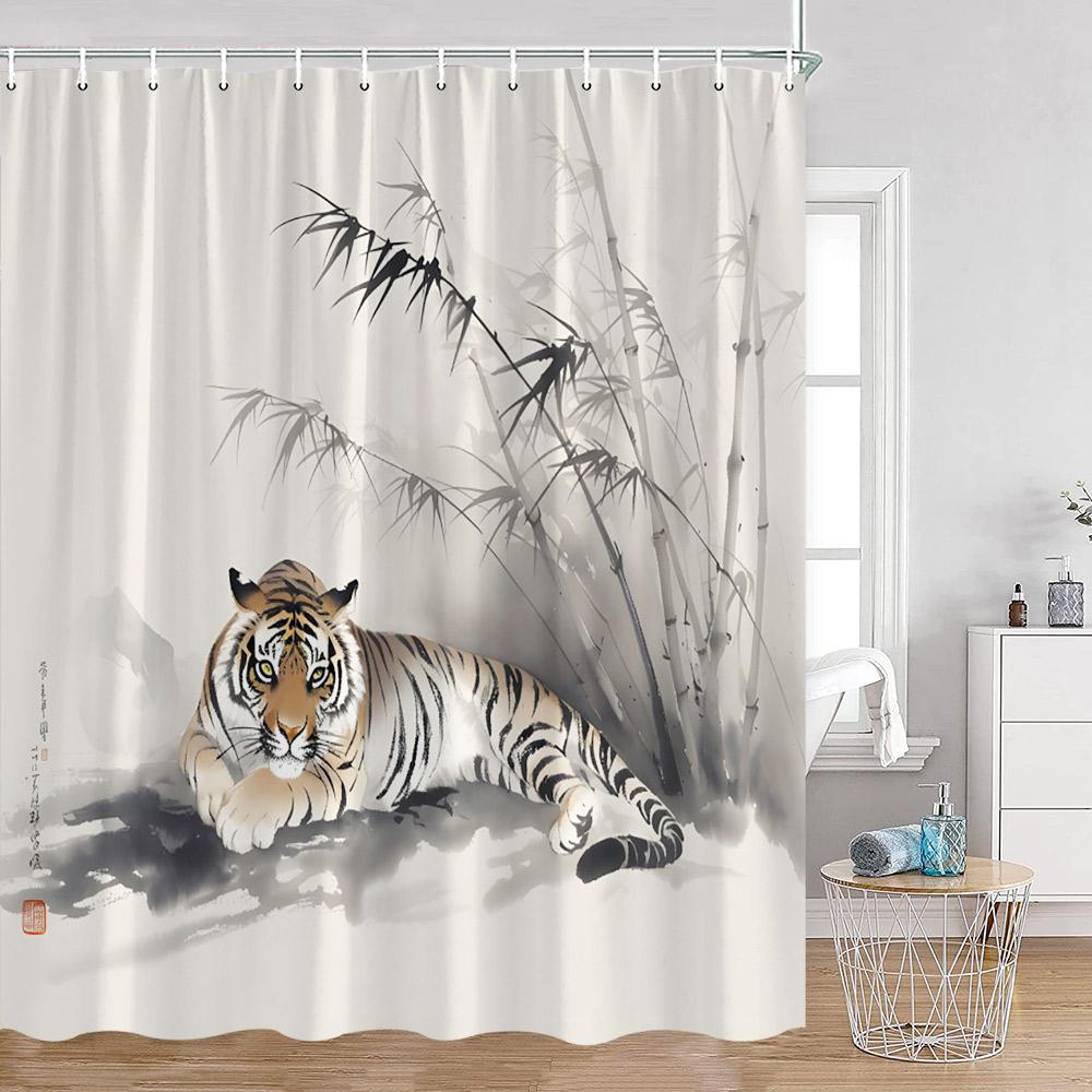 Záclona do sprchy Divoká zvířata Tygr Les Elegantní Panter Zelené Rostliny Růže Květinová Domácí Dekorace do Koupelny Polyesterová Koupelnová Záclona