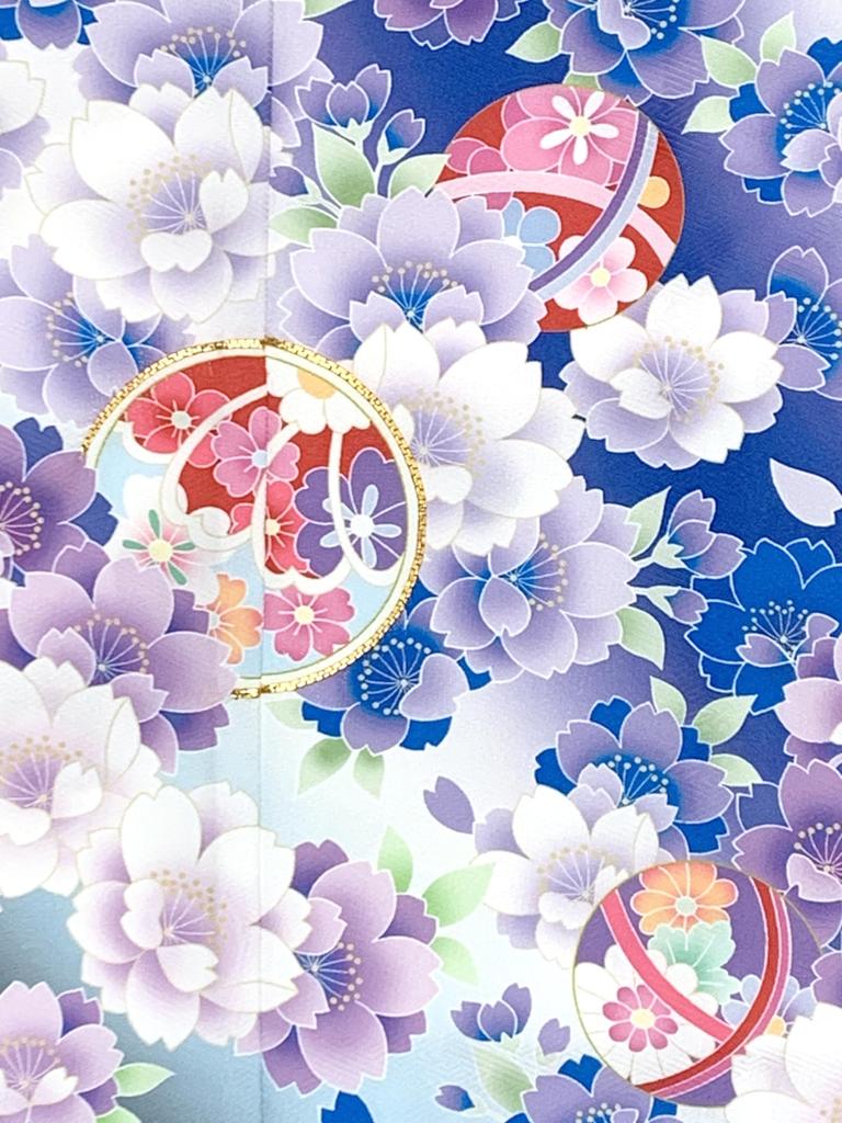 Muromachi 7 Years Old Kimono Golden Koma Fantastic Yotsumi Zori Full Set 753 x Blue Purple x Double Cherry Blossom [Kyoto st. ] Shichi-Go-San Girl's