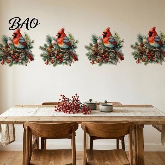 Red Berry Glass Decorations Christmas Bird Wall Sticker, Decorative PVC Decal with Pine Branch Cone And Festive Indoor Outdoor Decals Berry,