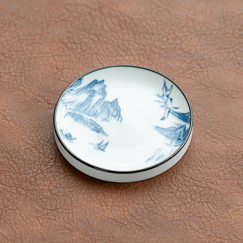 Zen Style Retro Blue & White Porcelain Tea Cup Coaster – Ceramic Anti-Scald Heat Insulation Pad for Gongfu Tea Ceremony.