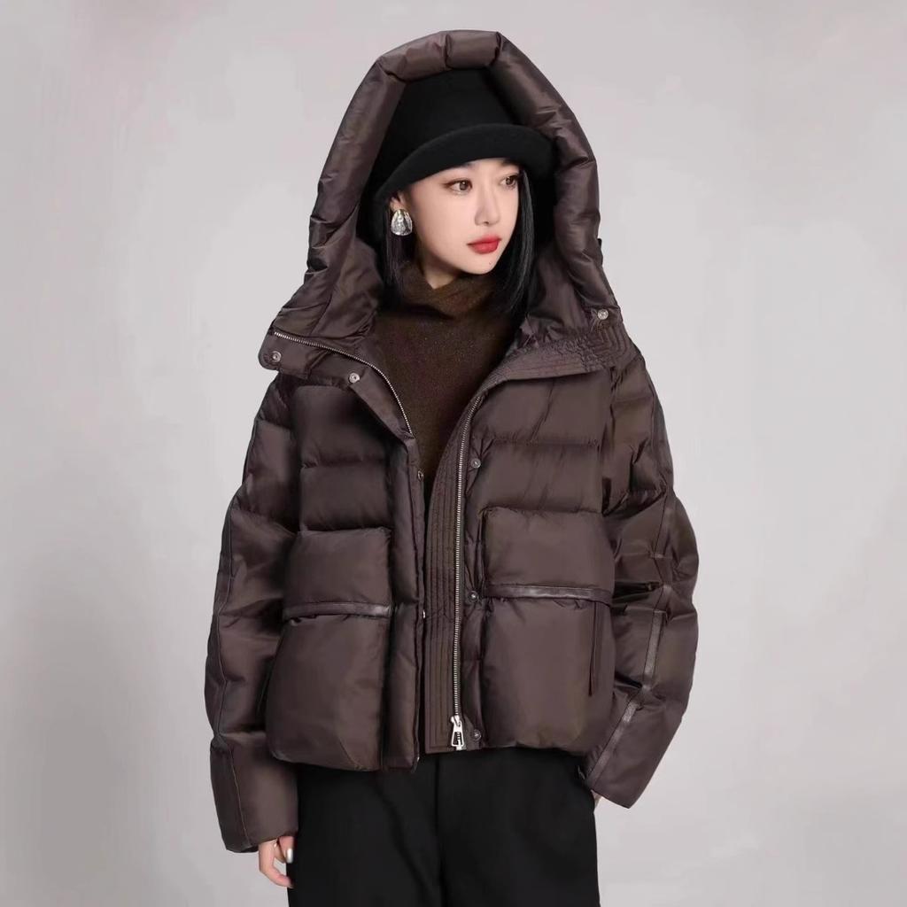 European trendy brand down jacket women's short model New Year's loose hooded thickened white duck down bread jacket winter coat
