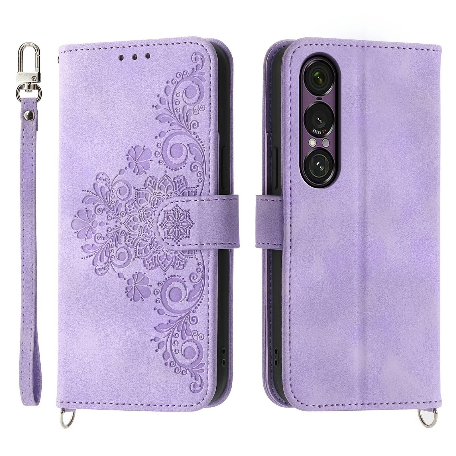 

For Sony Xperia 1 VII Case Flower Pattern PU Leather Wallet Phone Cover with Strap Light Purple
