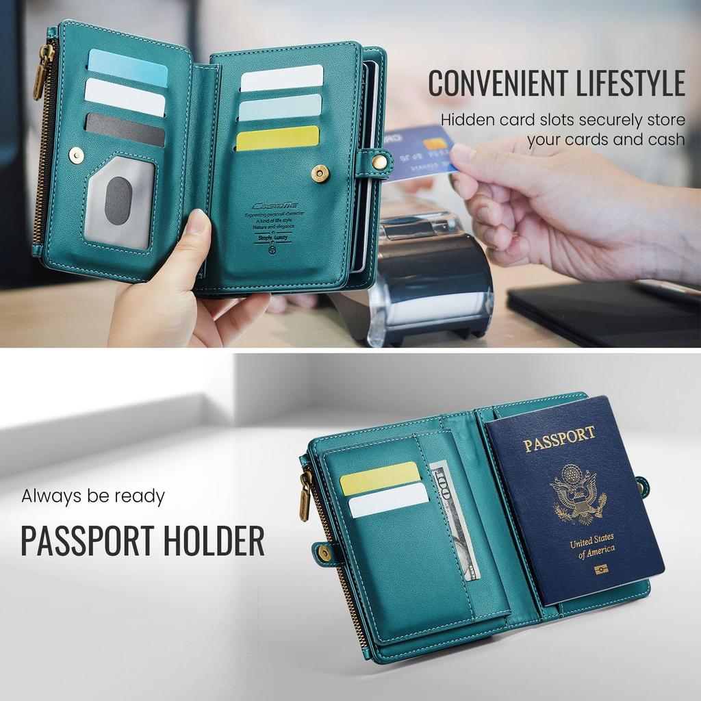 XIMAND Passport Holder Wallet Bag with 11 Card Slots and Passport Photo RFID Wristlet Travel Green Pocket, Pocket, Zippered, Blocking, Strap, Bag,