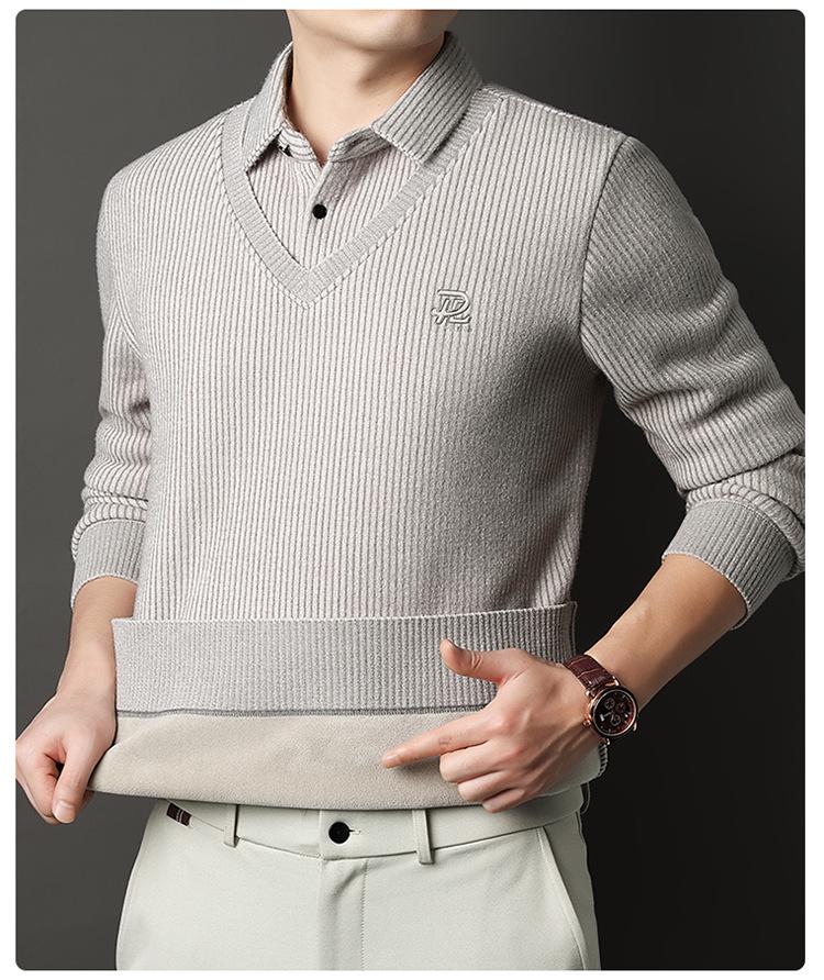 Men's 2025 Winter Knit Sweater with Shirt Collar - Plus Velvet, Thick, Warm, Long Sleeve, Fake Two-Piece Design for Middle-Aged