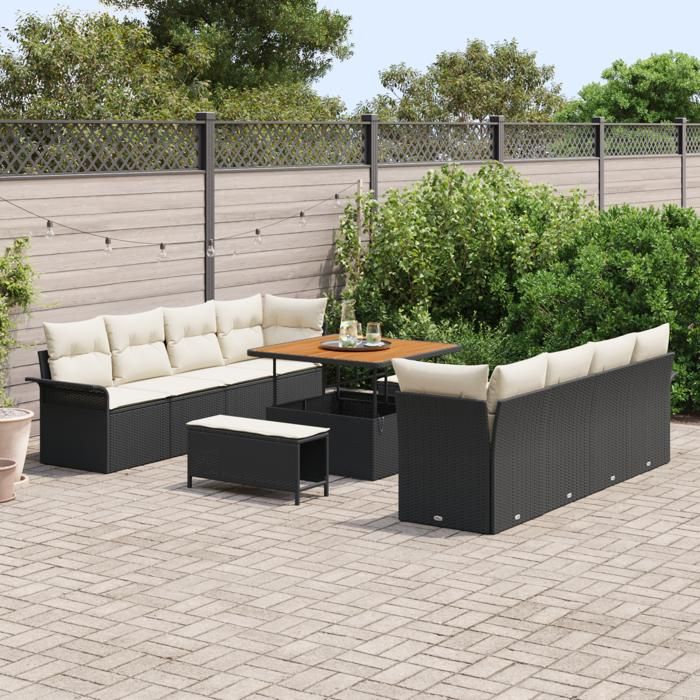 Ensemble de canapé jardin 11 pièces avec coussins en poly rotin noir et acacia, Canapé jardin 2 places avec coussins en poly 3362115