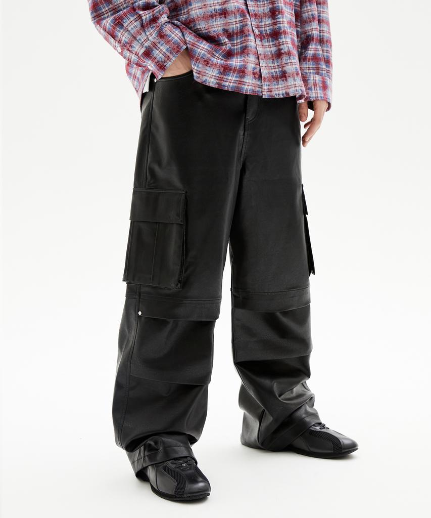 Trillion Parachute Cargo Rivet Vegan Leather Pants (Black)