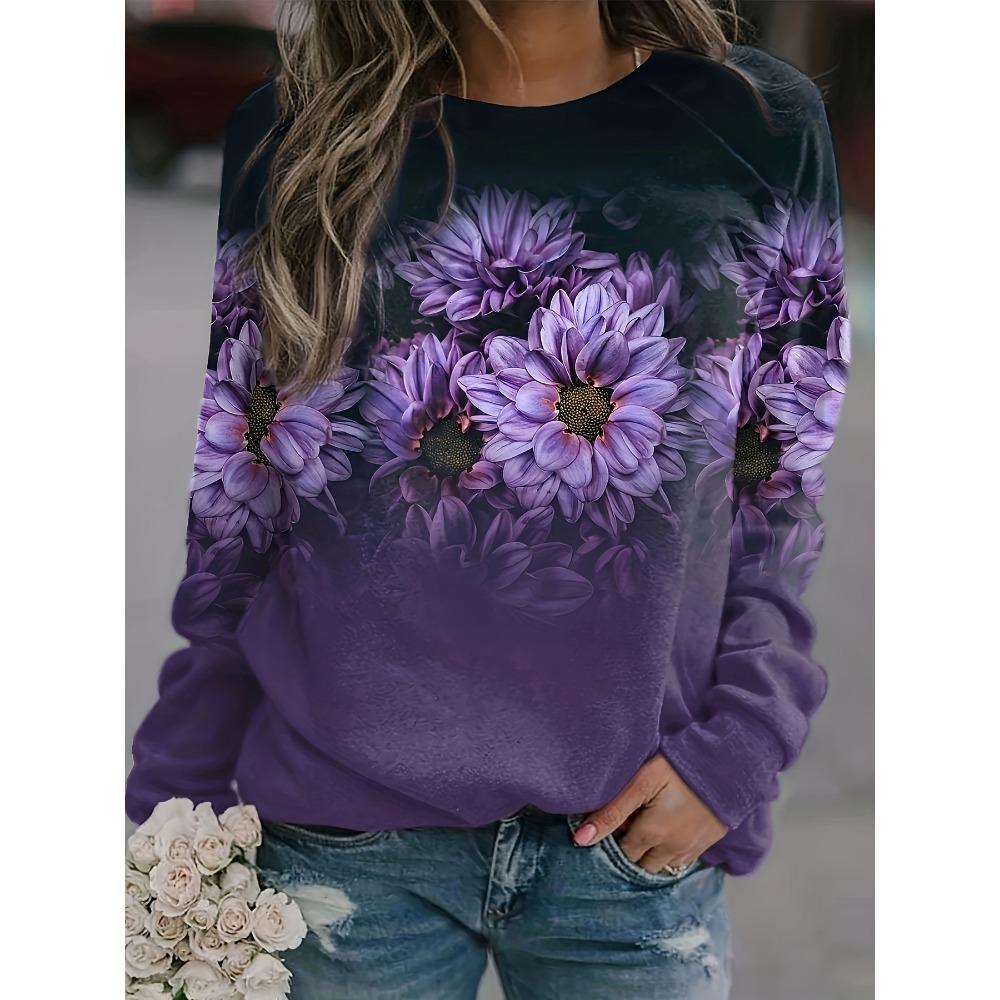 Women's Sports Shirt with Purple Flower Pattern Print, Women's Casual Long Sleeved Round Neck Pullover, Women's Clothing