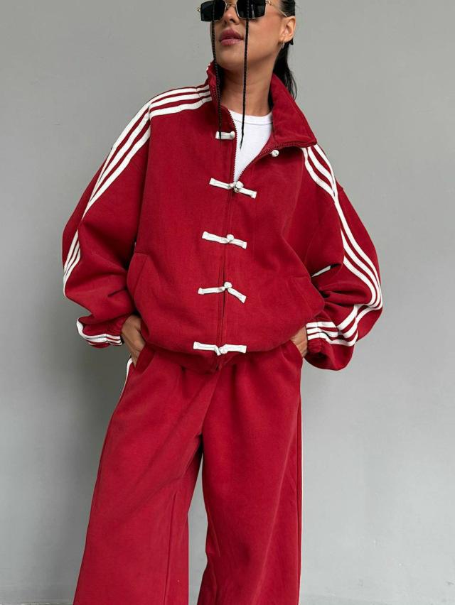 Boucle de mode 2026 trois barres costume décontracté veste à col montant rétro pantalon de survêtement large ensemble deux pièces