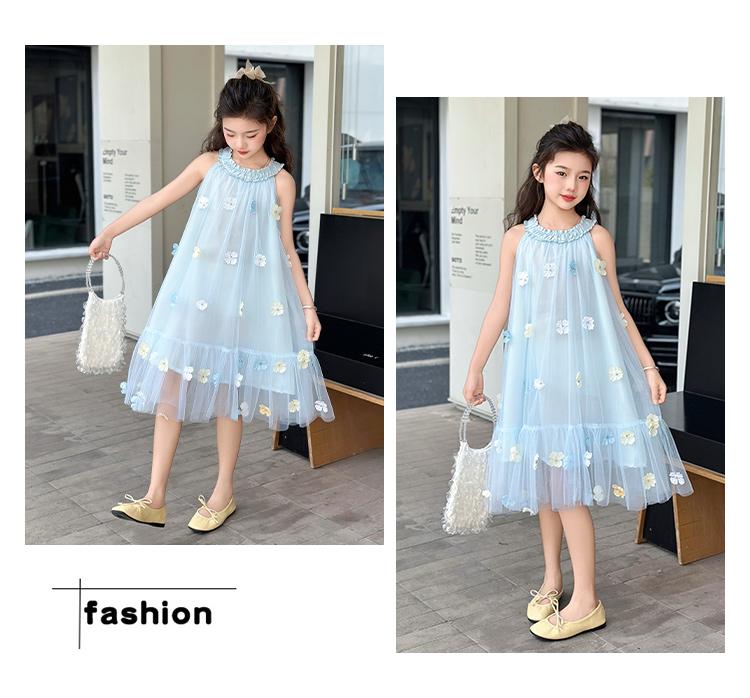 Girls' Blue Dress Summer Dress 2026 New Stylish Girls' Summer Mesh Princess Dress Children's Summer Dress